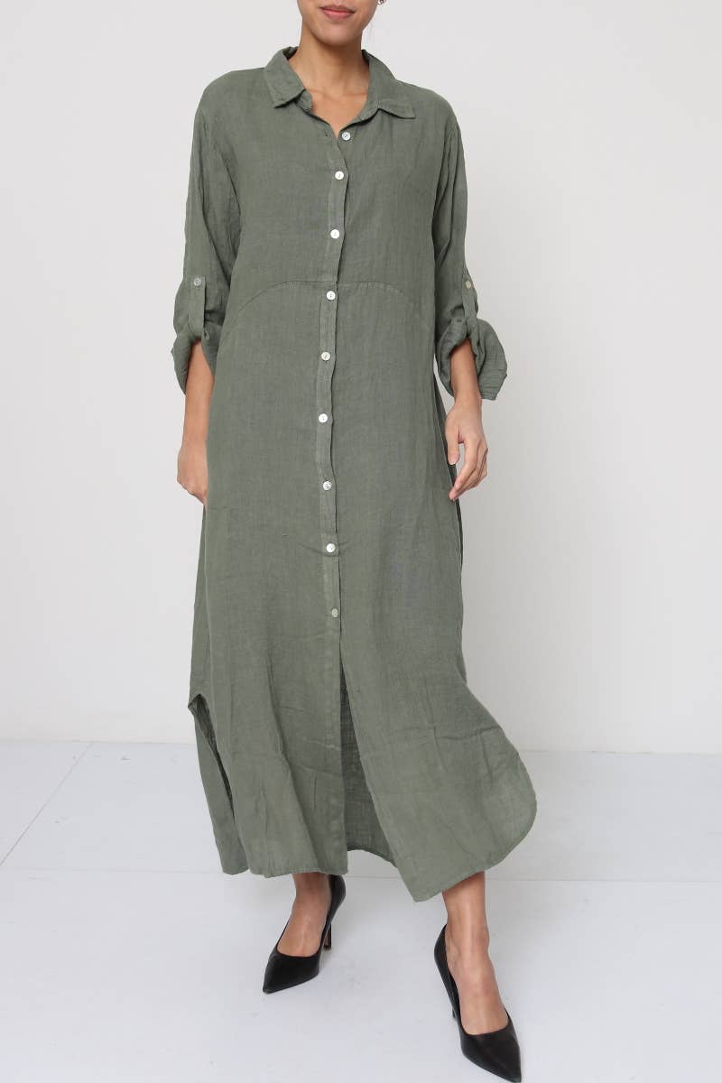Linen Dress Shirtdress, Button-Up, Maxi Made in Italy Khaki