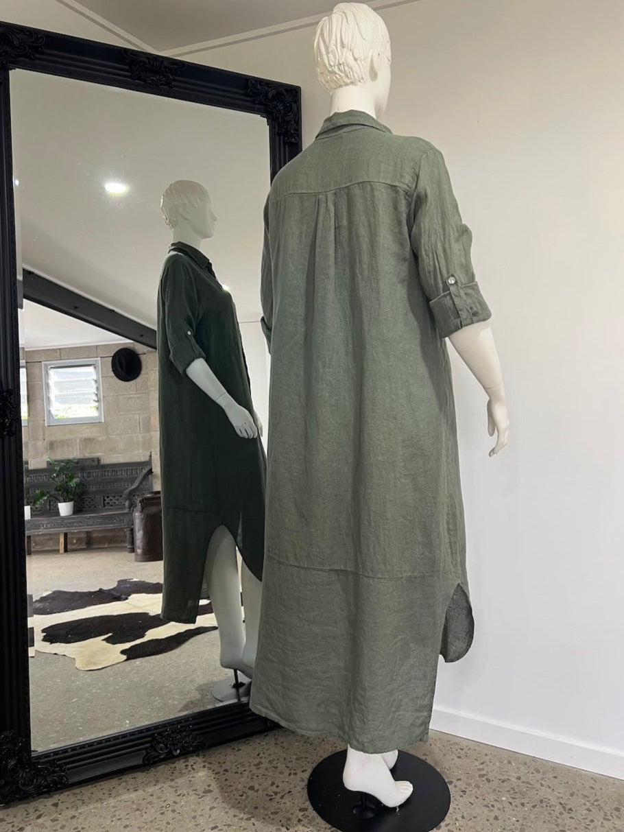 Linen Dress Shirtdress, Button-Up, Maxi Made in Italy Khaki
