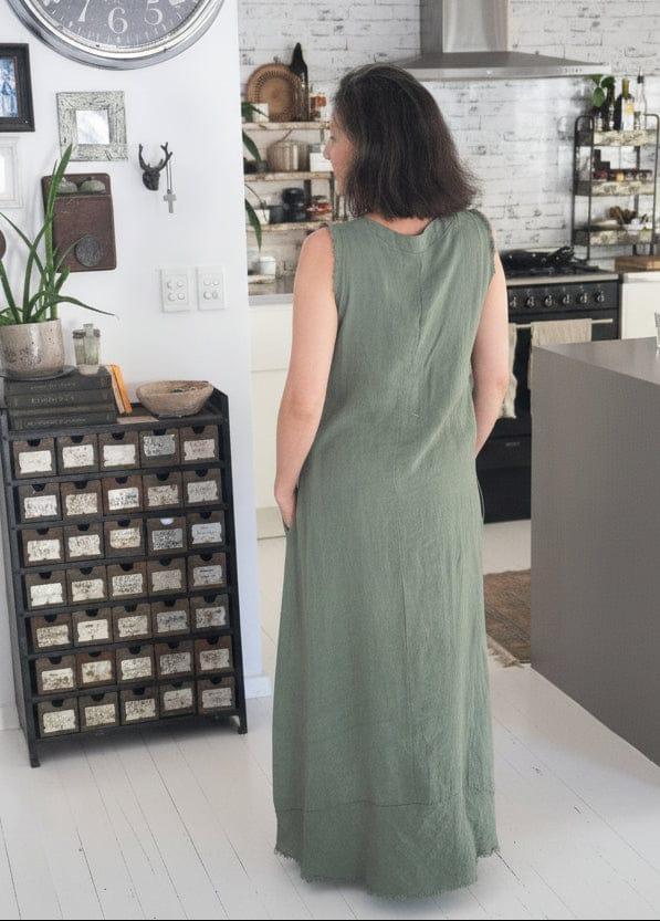 Linen Dress Sleeveless Raw Edge, Maxi Made in Italy Khaki worn by model in natural setting LUXAMORE 
