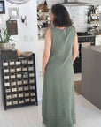 Linen Dress Sleeveless Raw Edge, Maxi Made in Italy Khaki worn by model in natural setting LUXAMORE 