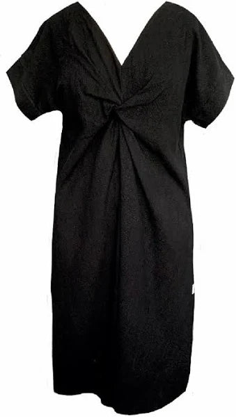 Linen Dress V Neck Knot Midi Made in Italy Black