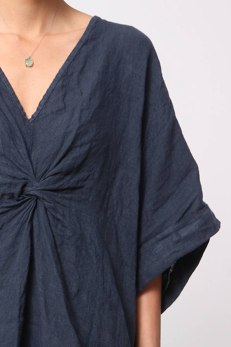 Linen Dress V-neck Knot Front Midi Made in Italy Navy