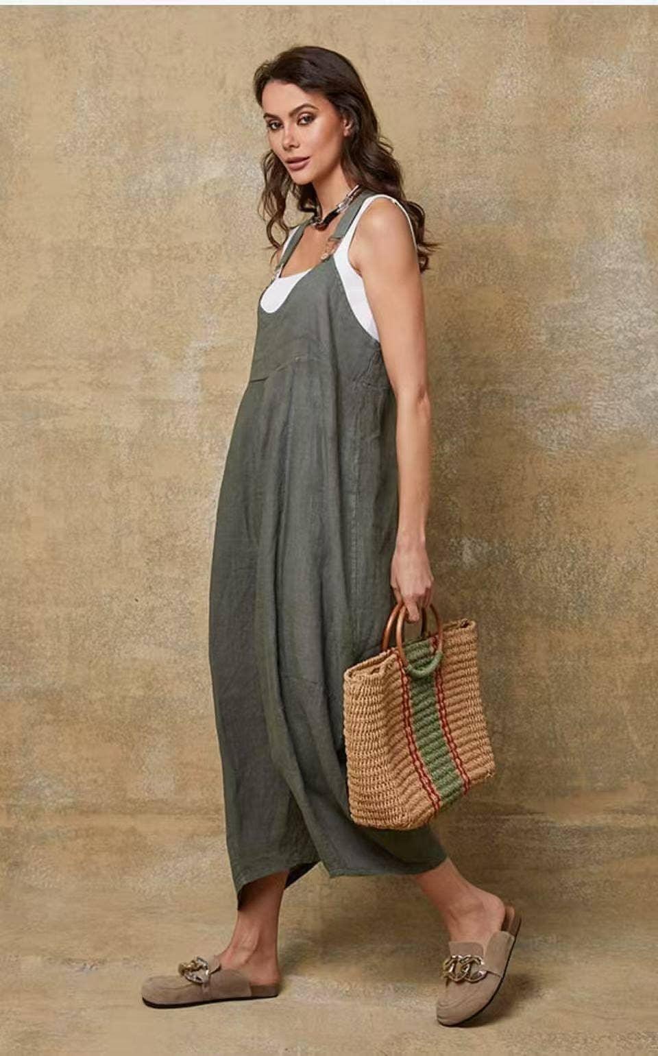 Linen Jumpsuit Made in Italy Tobacco worn by model in natural setting LUXAMORE 