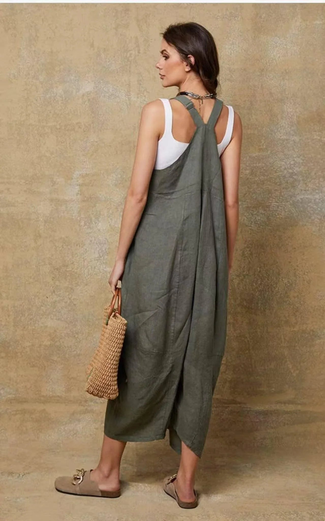 Linen Jumpsuit Made in Italy Tobacco worn by model in natural setting LUXAMORE 