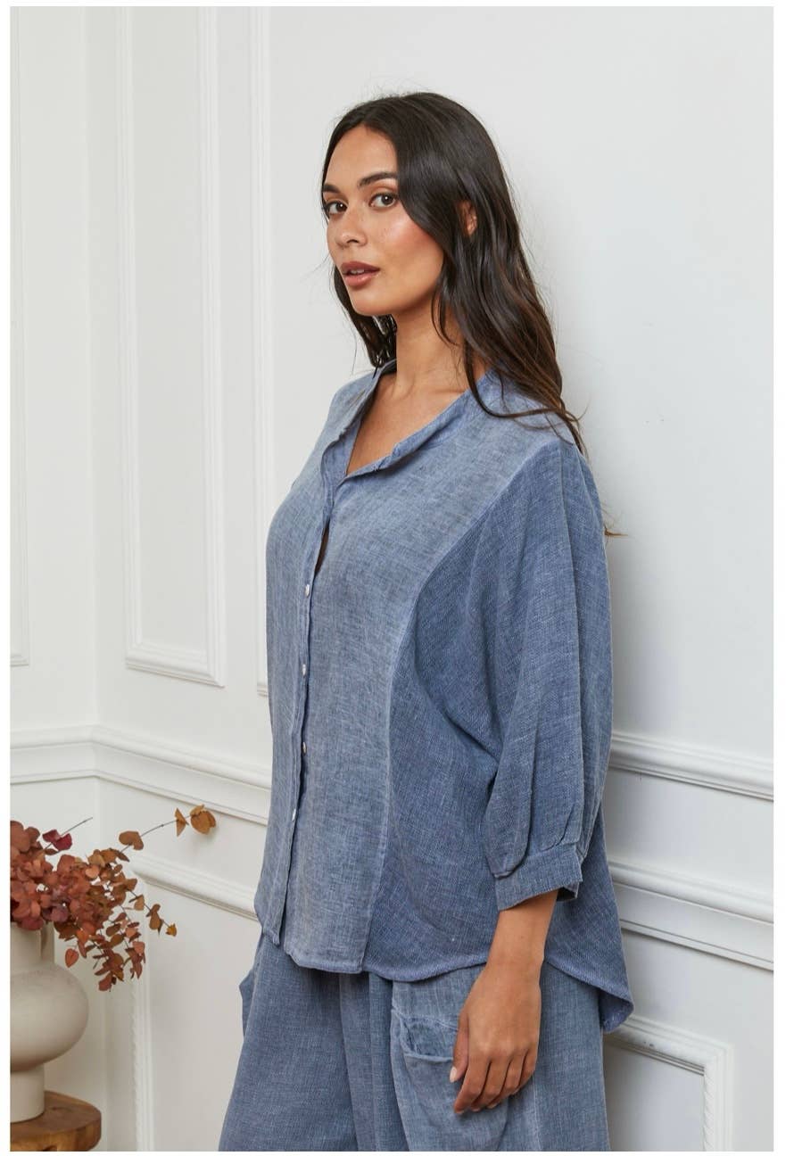 Linen Shirt Grandpa Collar Button up - Made In Italy - Charcoal Grey worn by model in natural setting LUXAMORE 