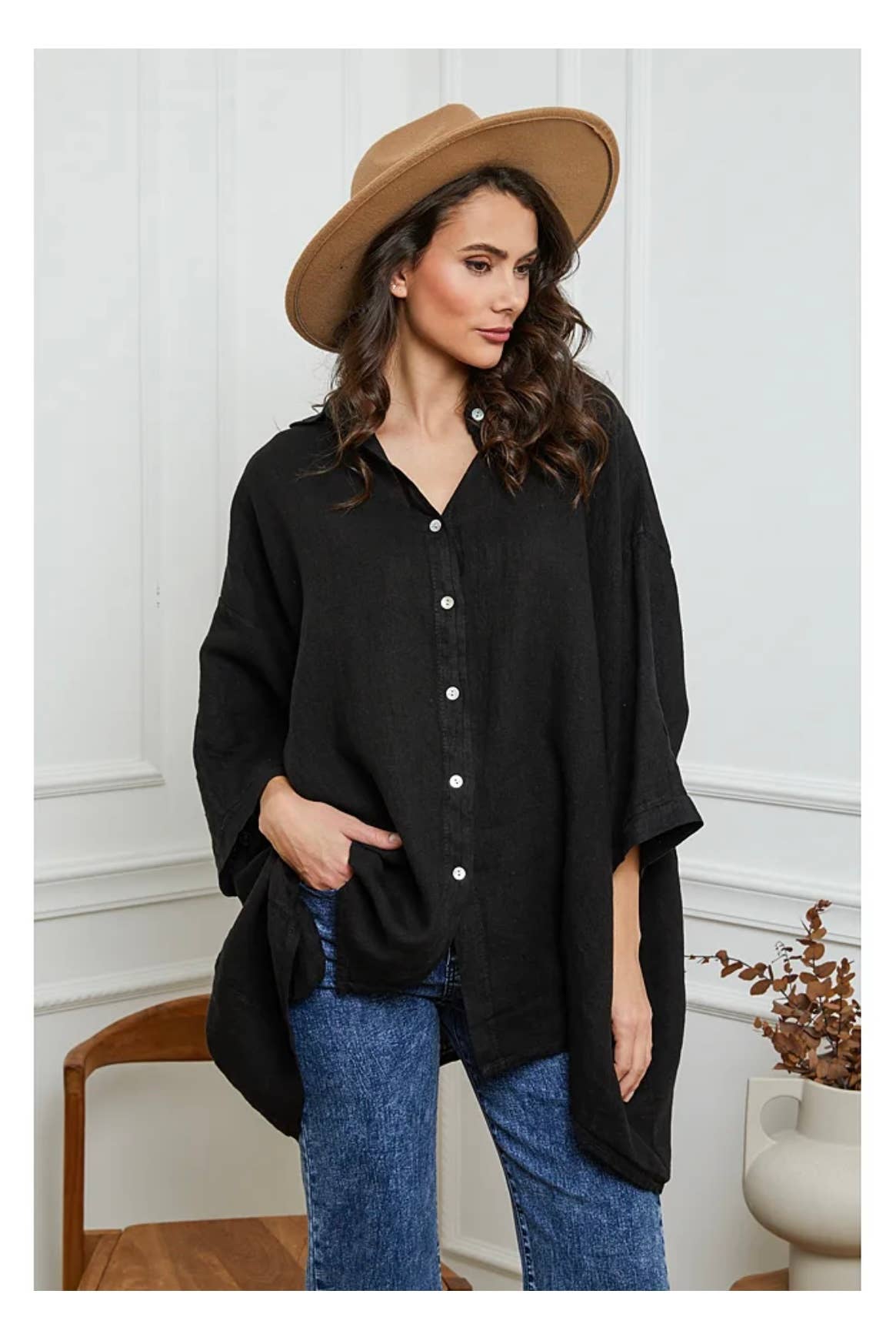 Linen Shirt Relaxed Oversized Button Front Pockets made in Italy Black worn by model in natural setting LUXAMORE 