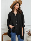 Linen Shirt Relaxed Oversized Button Front Pockets made in Italy Black worn by model in natural setting LUXAMORE 