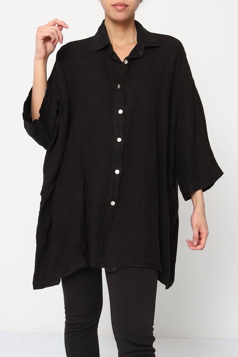 Linen Shirt Relaxed Oversized Button Front Pockets made in Italy Black worn by model in natural setting LUXAMORE 