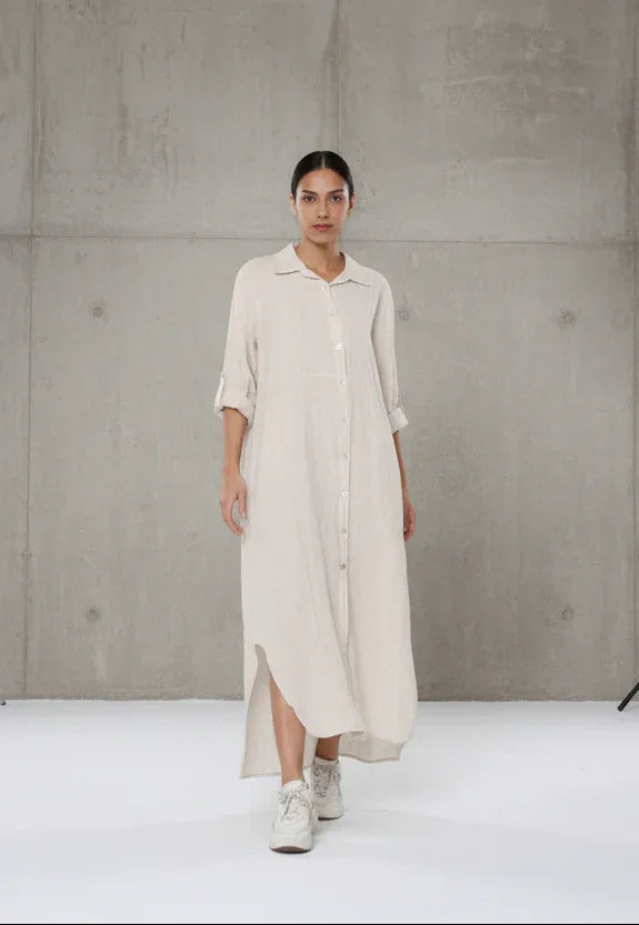 Linen Shirtdress, Button-Up, Maxi Made in Italy Beige worn by model in natural setting LUXAMORE 