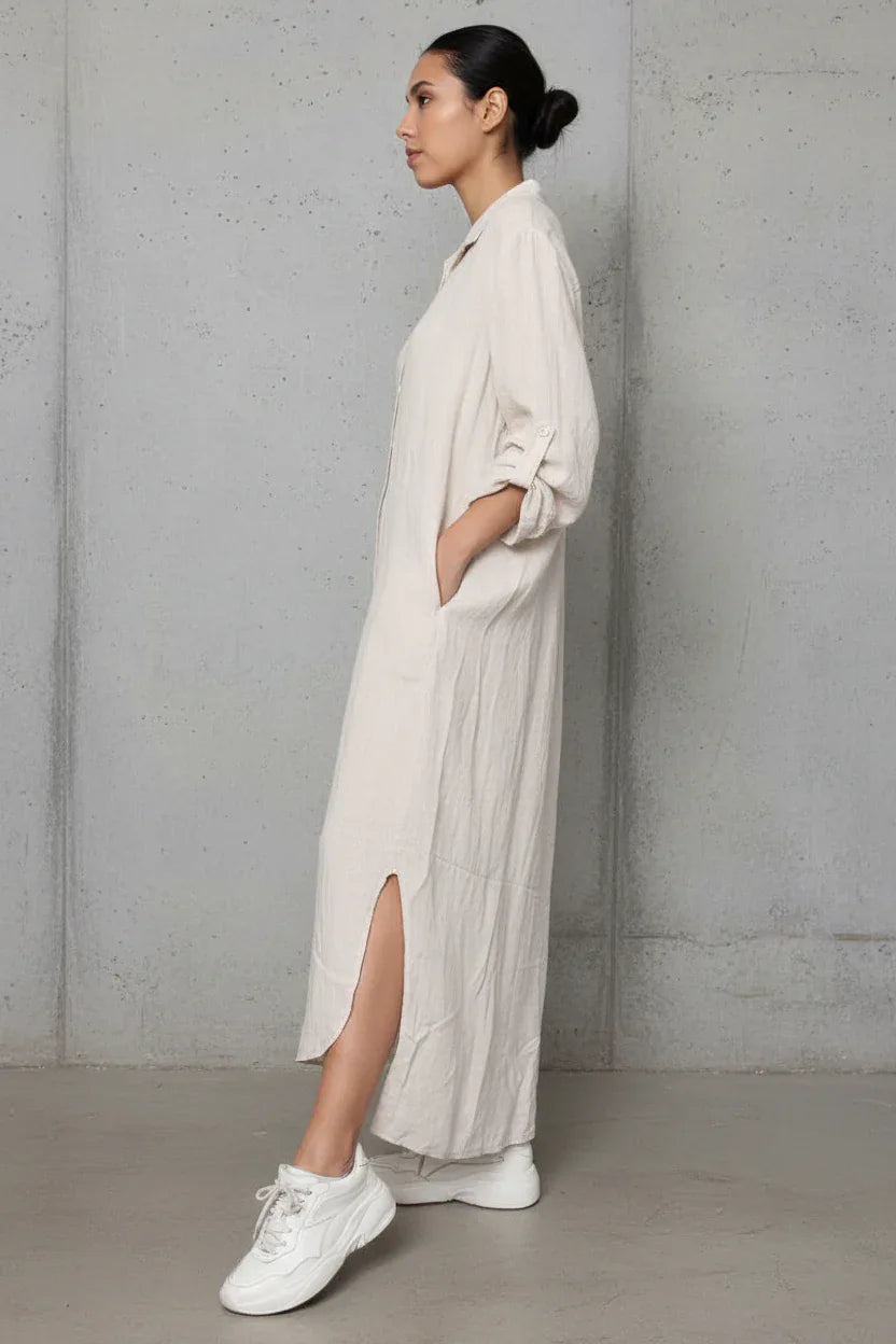 Linen Shirtdress, Button-Up, Maxi Made in Italy Beige worn by model in natural setting LUXAMORE 