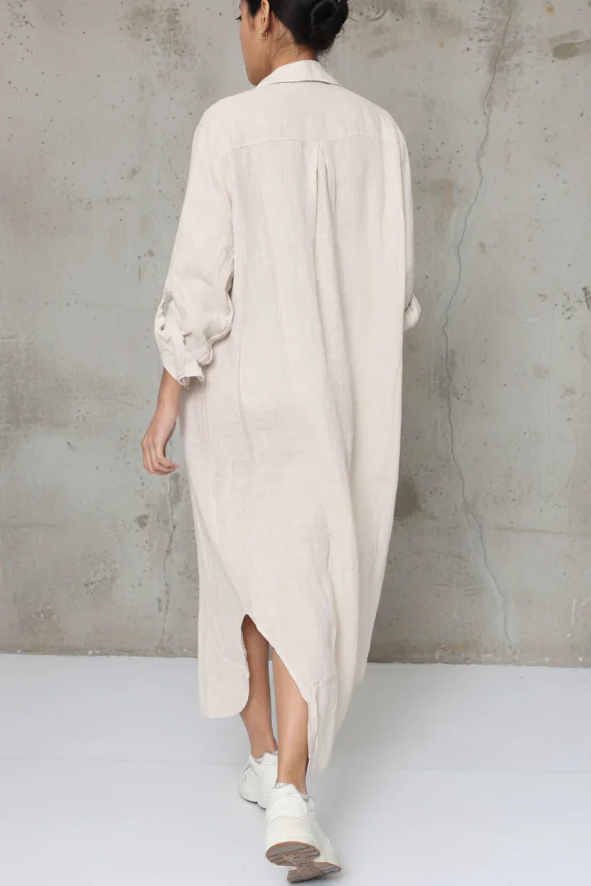 Linen Shirtdress, Button-Up, Maxi Made in Italy Beige worn by model in natural setting LUXAMORE 