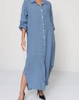 Linen Shirtdress, Button-Up, Maxi Made in Italy Black worn by model in natural setting LUXAMORE 