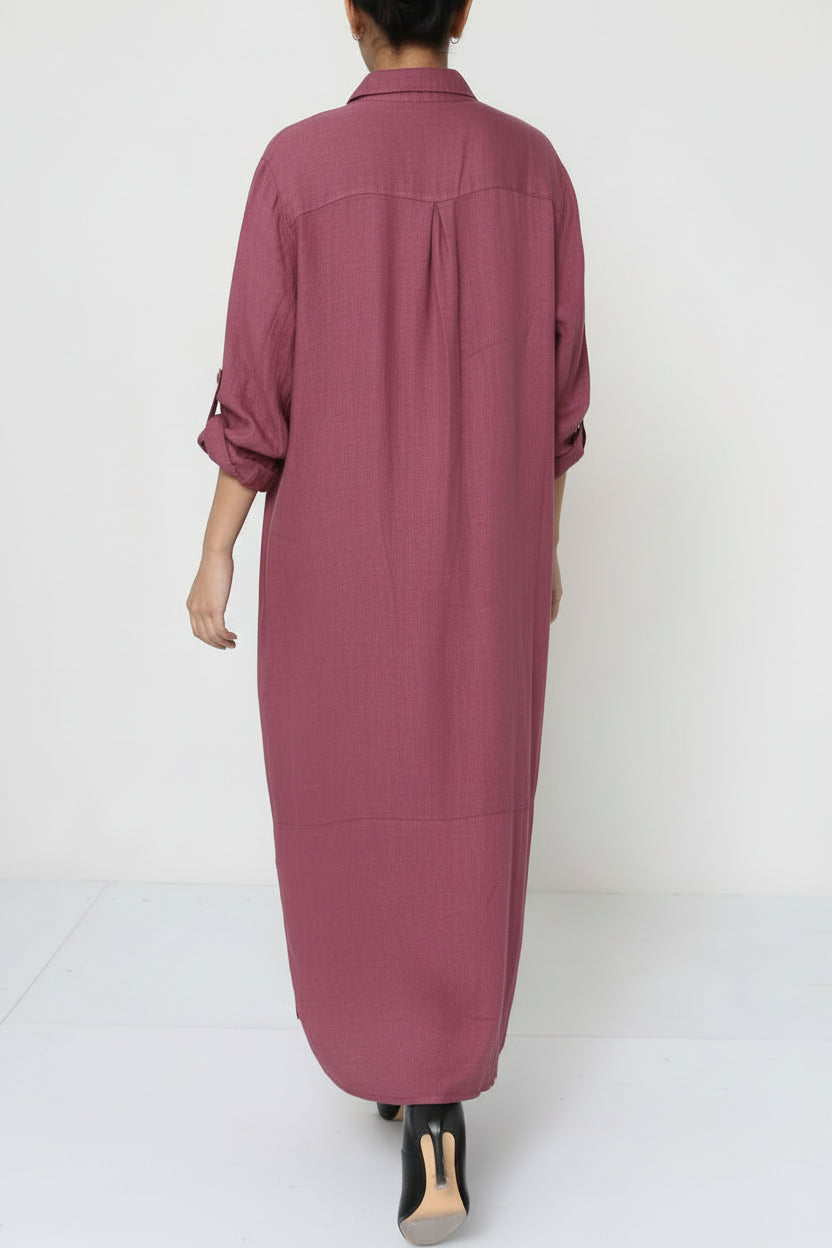 Pre Order Linen Shirtdress, Button-Up, Maxi Made in Italy Khaki worn by model in natural setting LUXAMORE 