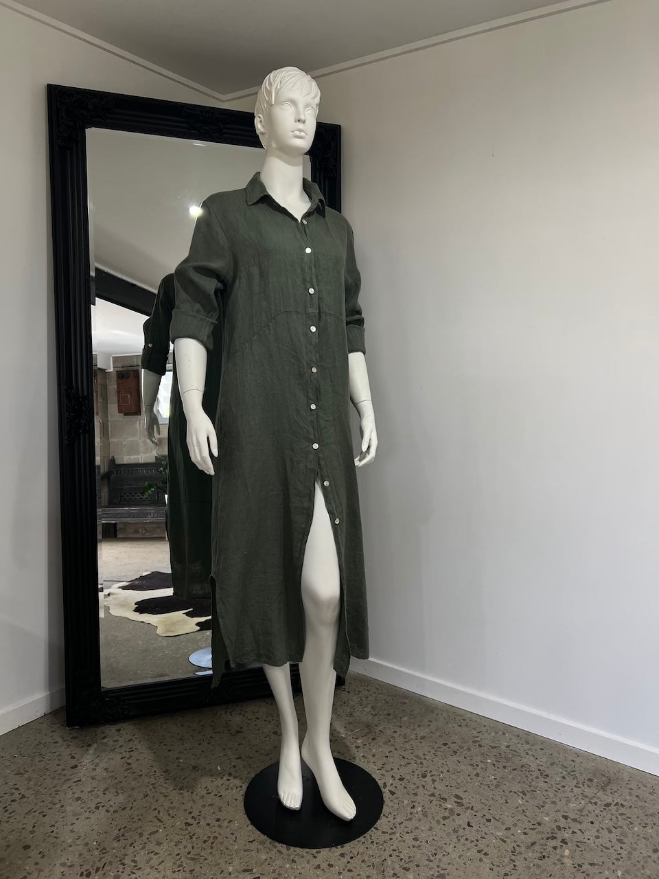 Pre Order Linen Shirtdress, Button-Up, Maxi Made in Italy Khaki worn by model in natural setting LUXAMORE 