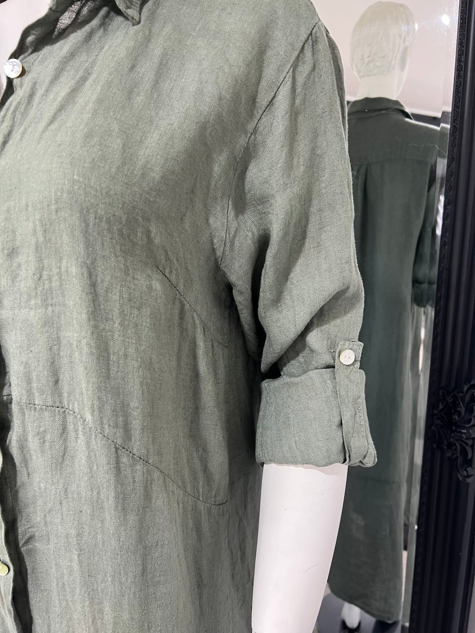 Pre Order Linen Shirtdress, Button-Up, Maxi Made in Italy Khaki worn by model in natural setting LUXAMORE 