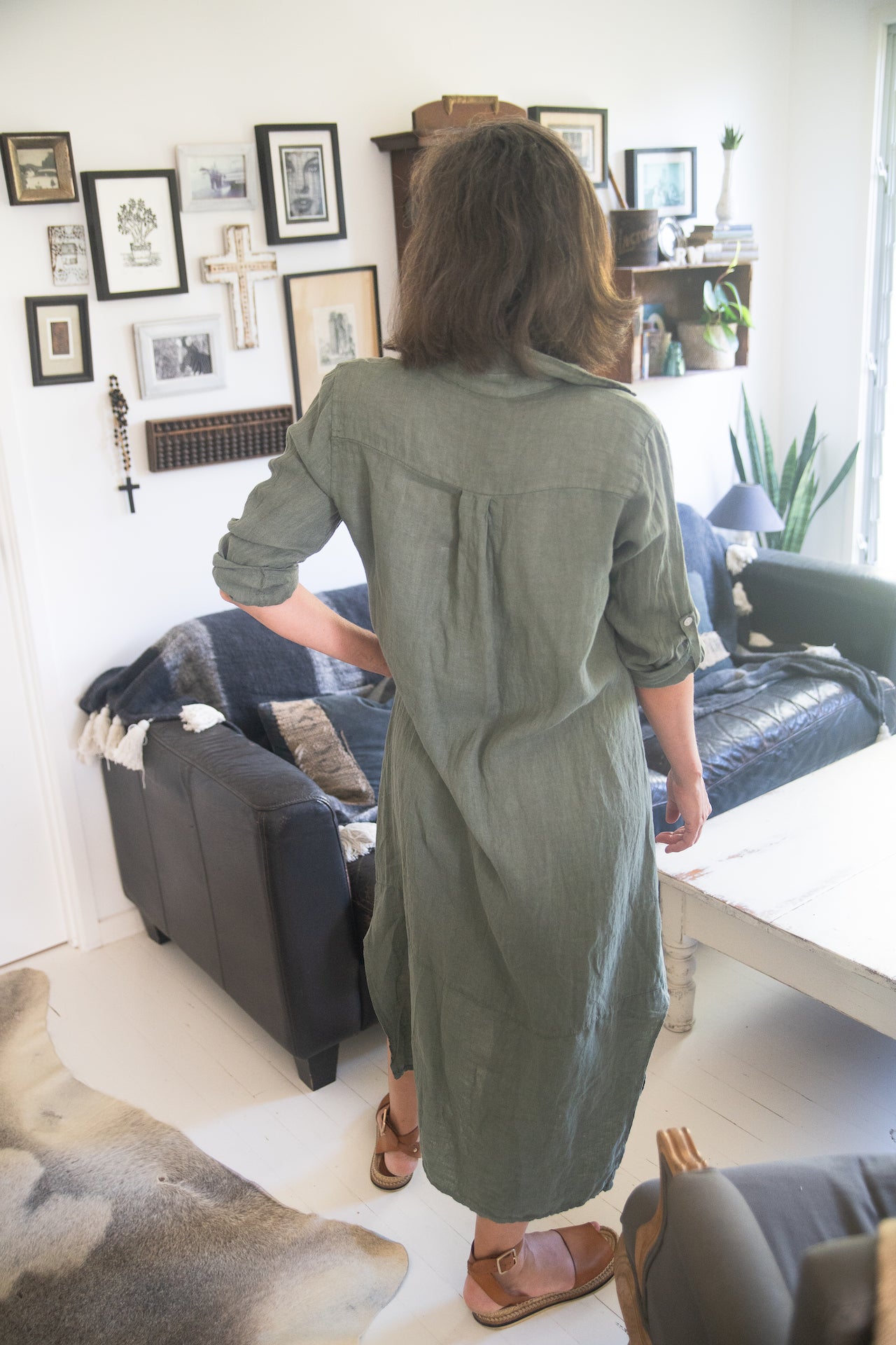 Pre Order Linen Shirtdress, Button-Up, Maxi Made in Italy Khaki worn by model in natural setting LUXAMORE 