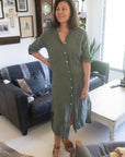 Pre Order Linen Shirtdress, Button-Up, Maxi Made in Italy Khaki worn by model in natural setting LUXAMORE 