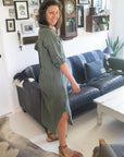 Linen Shirtdress, Button-Up, Maxi Made in Italy Khaki worn by model in natural setting LUXAMORE 