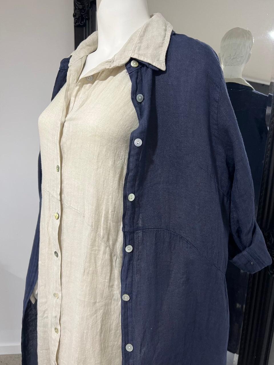 Linen Shirtdress, Button-Up, Maxi Made in Italy Navy worn by model in natural setting LUXAMORE 