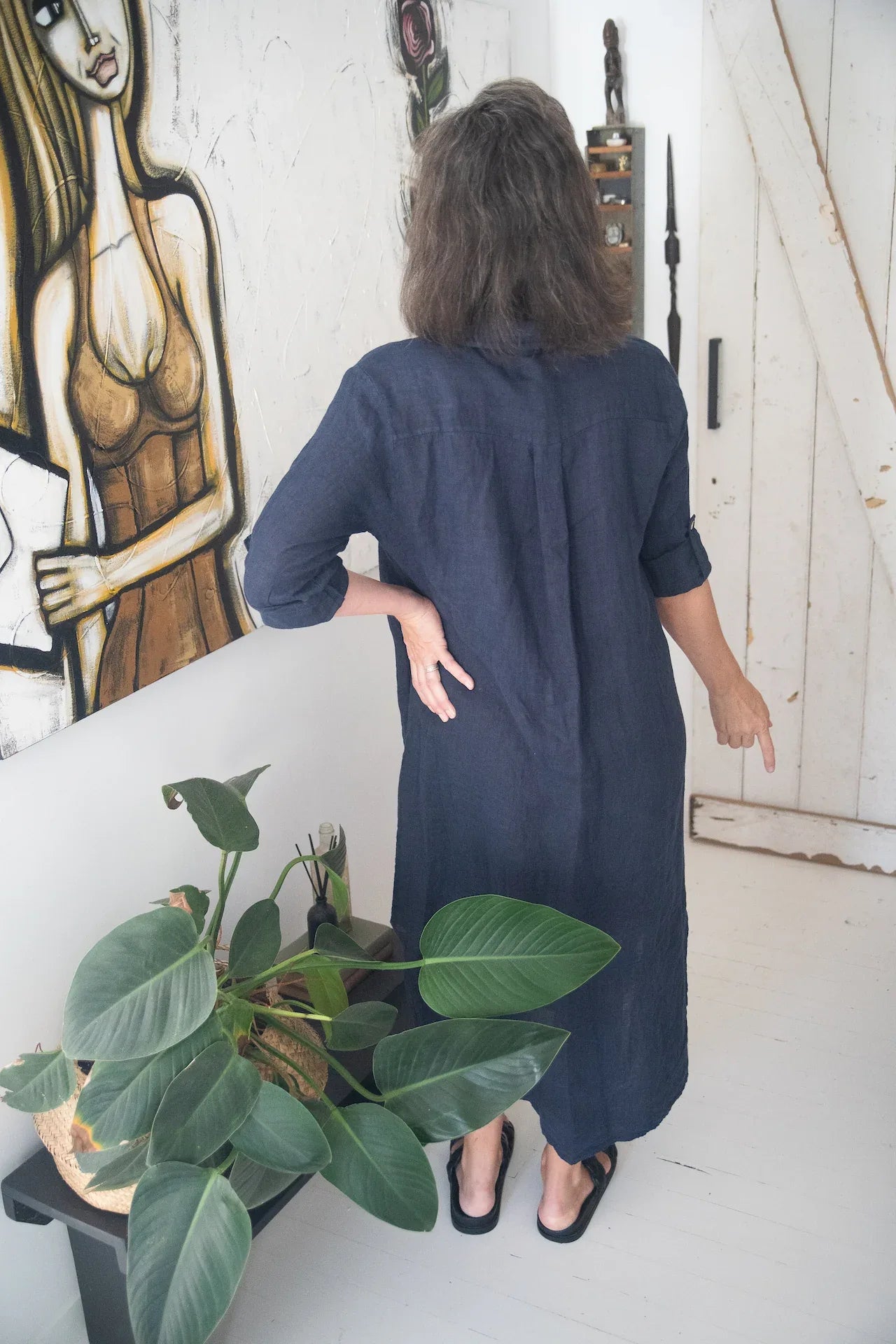 Linen Shirtdress, Button-Up, Maxi Made in Italy Navy worn by model in natural setting LUXAMORE 