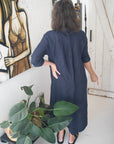 Linen Shirtdress, Button-Up, Maxi Made in Italy Navy worn by model in natural setting LUXAMORE 