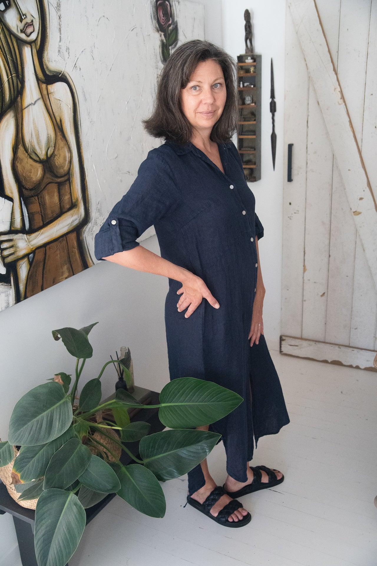 Linen Shirtdress, Button-Up, Maxi Made in Italy Navy worn by model in natural setting LUXAMORE 