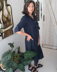 Linen Shirtdress, Button-Up, Maxi Made in Italy Navy worn by model in natural setting LUXAMORE 