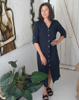 Linen Shirtdress, Button-Up, Maxi Made in Italy Navy worn by model in natural setting LUXAMORE 