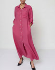 Linen Shirtdress, Button-Up, Maxi Made in Italy fuscia worn by model in natural setting LUXAMORE 