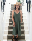 Linen Slip Dress Midi Made in Italy Khaki worn by model in natural setting LUXAMORE 