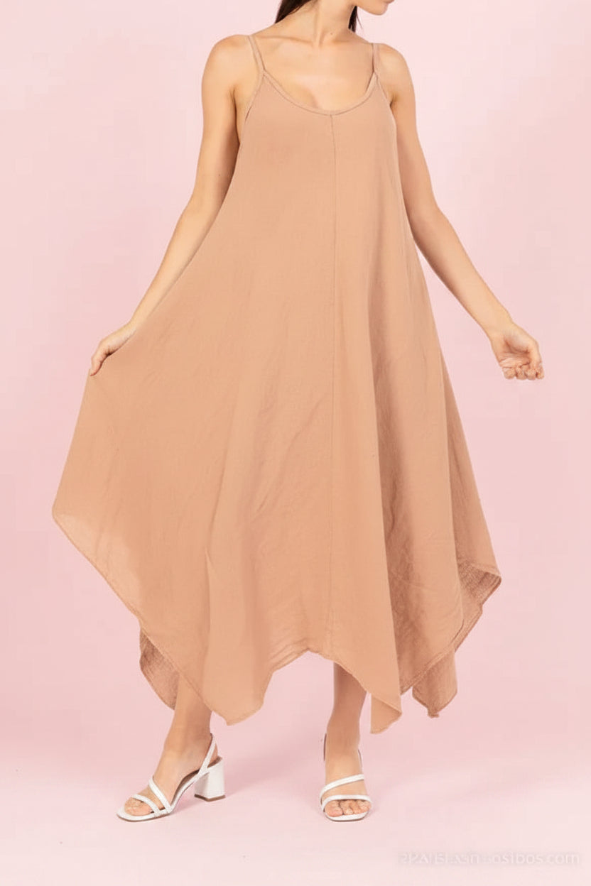 Linen Dress Strap Midi Made in Italy - Camel - One size LUXAMORE  