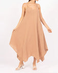 Linen Dress Maxi Made in Italy - Camel - One size worn by model in natural setting LUXAMORE 