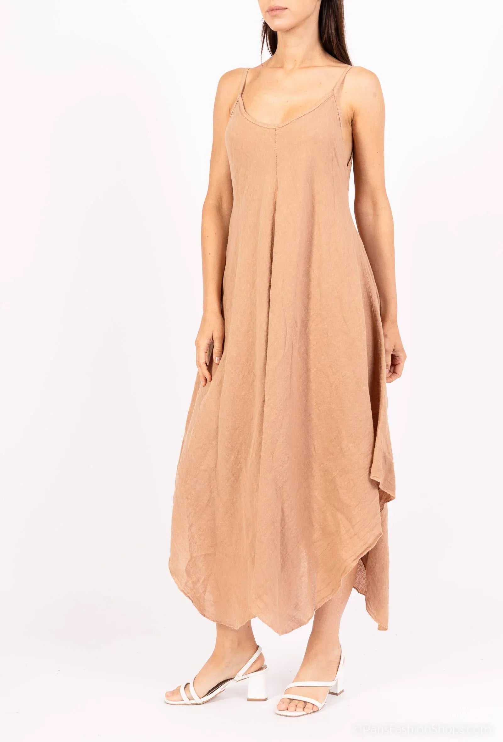 Linen Dress Maxi Made in Italy - Camel - One size worn by model in natural setting LUXAMORE 