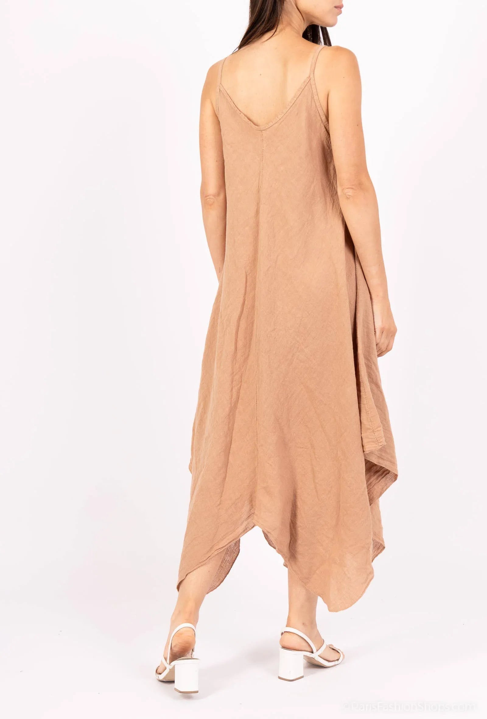 Linen Dress Maxi Made in Italy - Camel - One size worn by model in natural setting LUXAMORE 