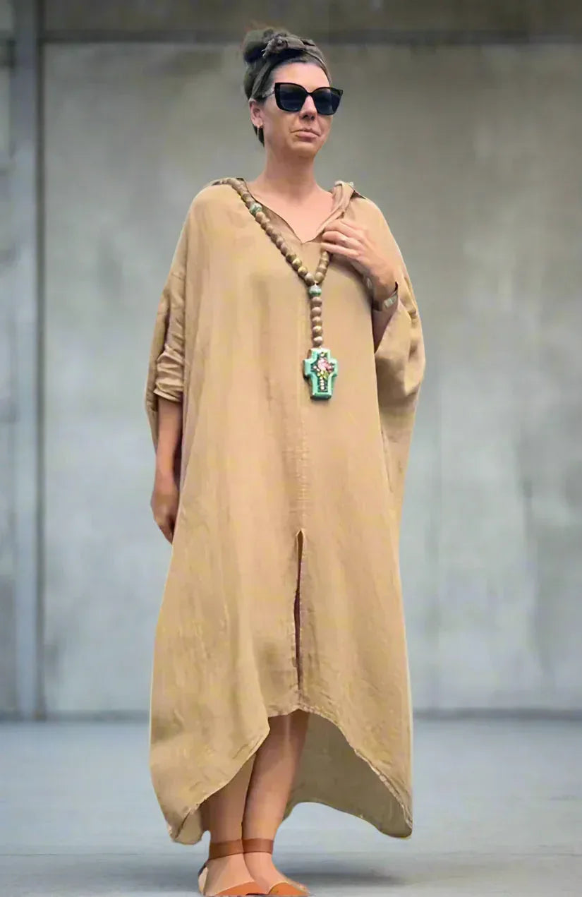 Linen Dress Oversize Maxi Kaftan Made in Italy Caramel worn by model in natural setting LUXAMORE 