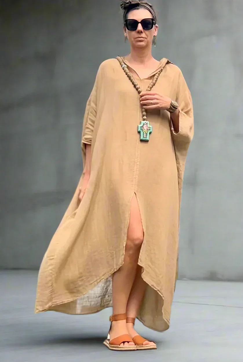 Linen Dress Oversize Maxi Kaftan Made in Italy Caramel worn by model in natural setting LUXAMORE 