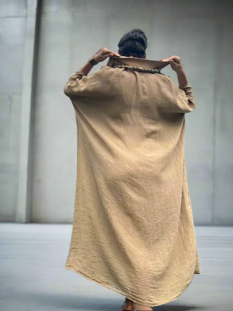 Linen Dress Oversize Maxi Kaftan Made in Italy Caramel LUXAMORE  