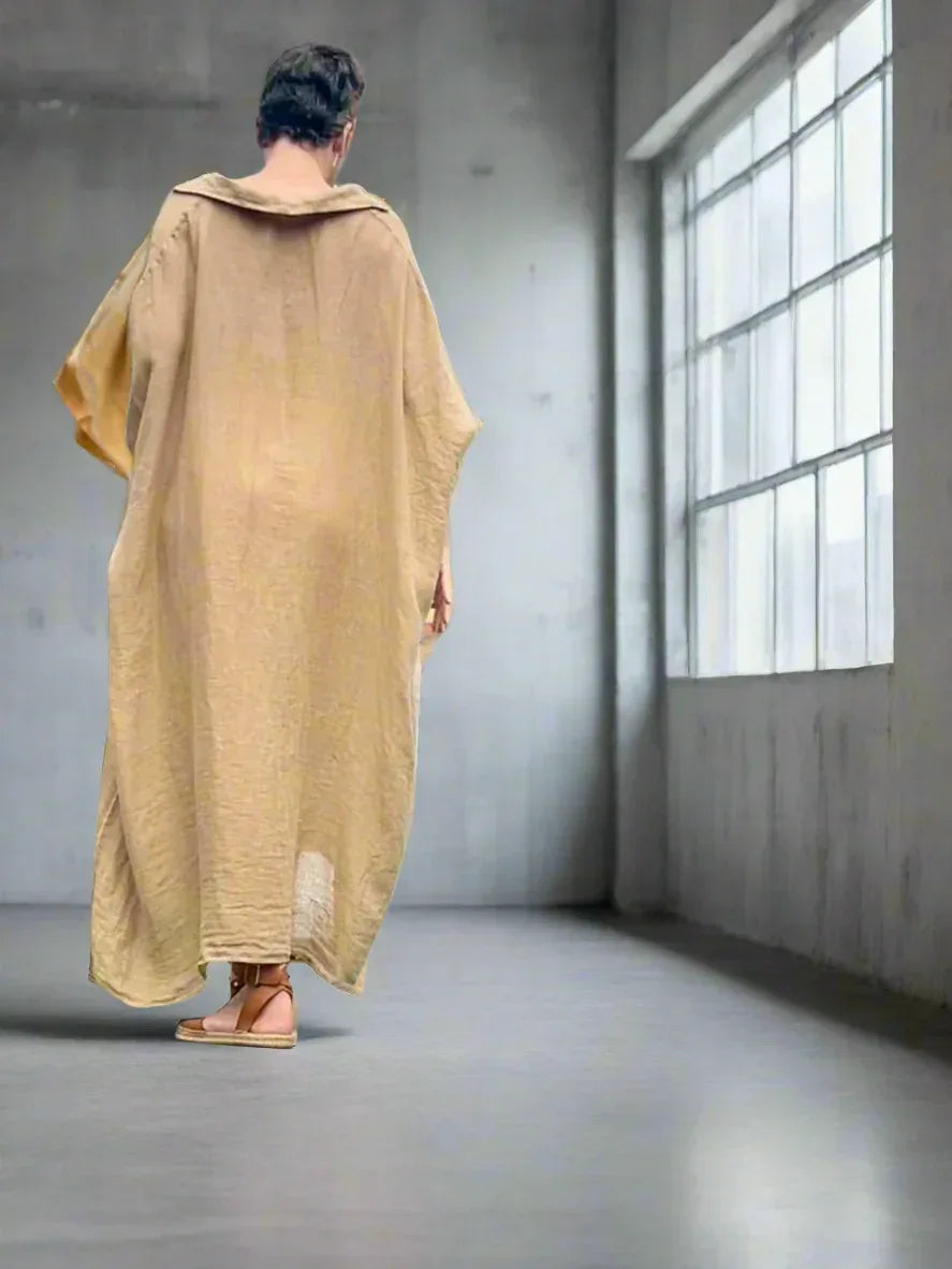 Linen Dress Oversize Maxi Kaftan Made in Italy Caramel LUXAMORE  