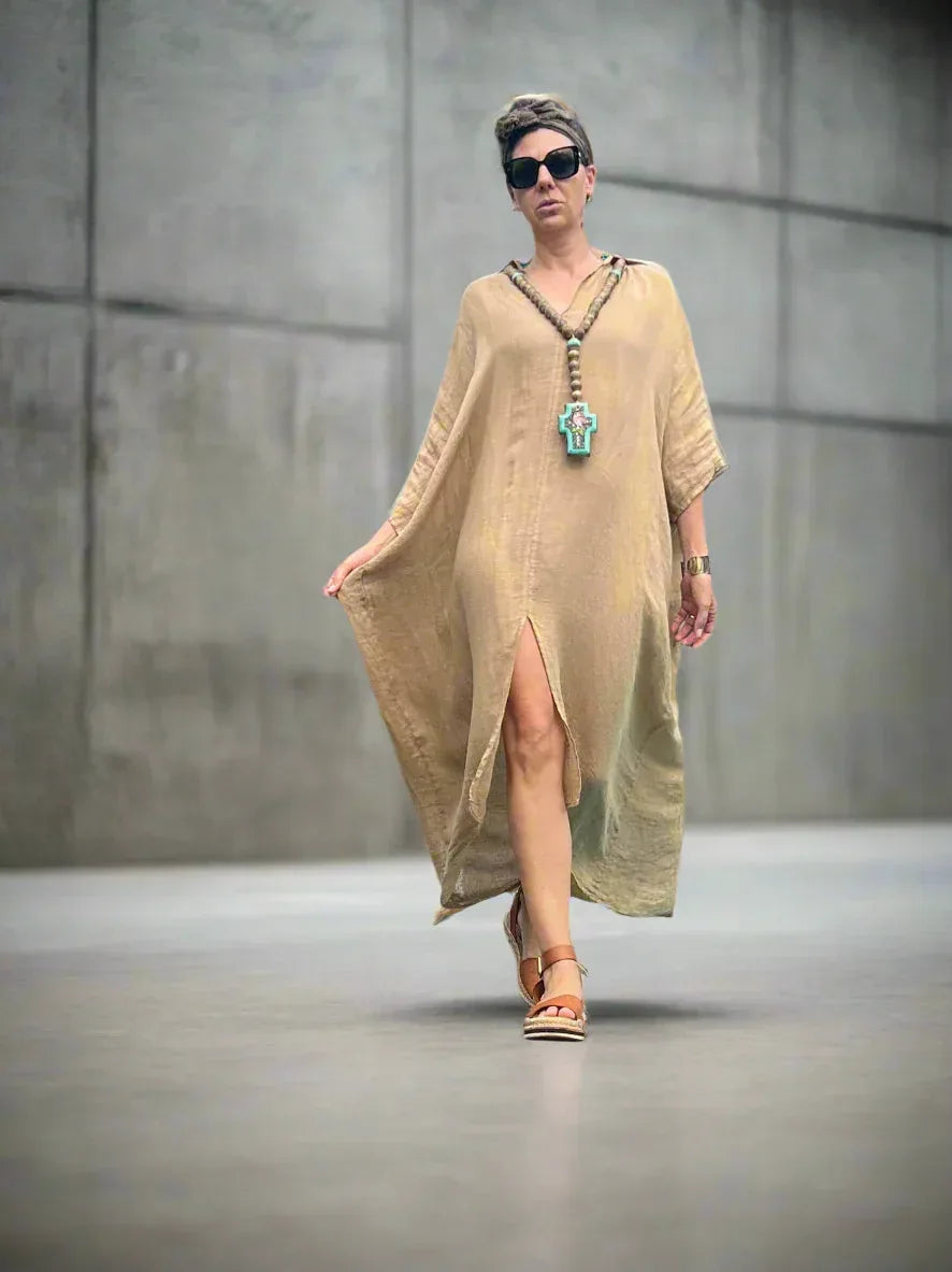 Linen Dress Oversize Maxi Kaftan Made in Italy Caramel LUXAMORE  