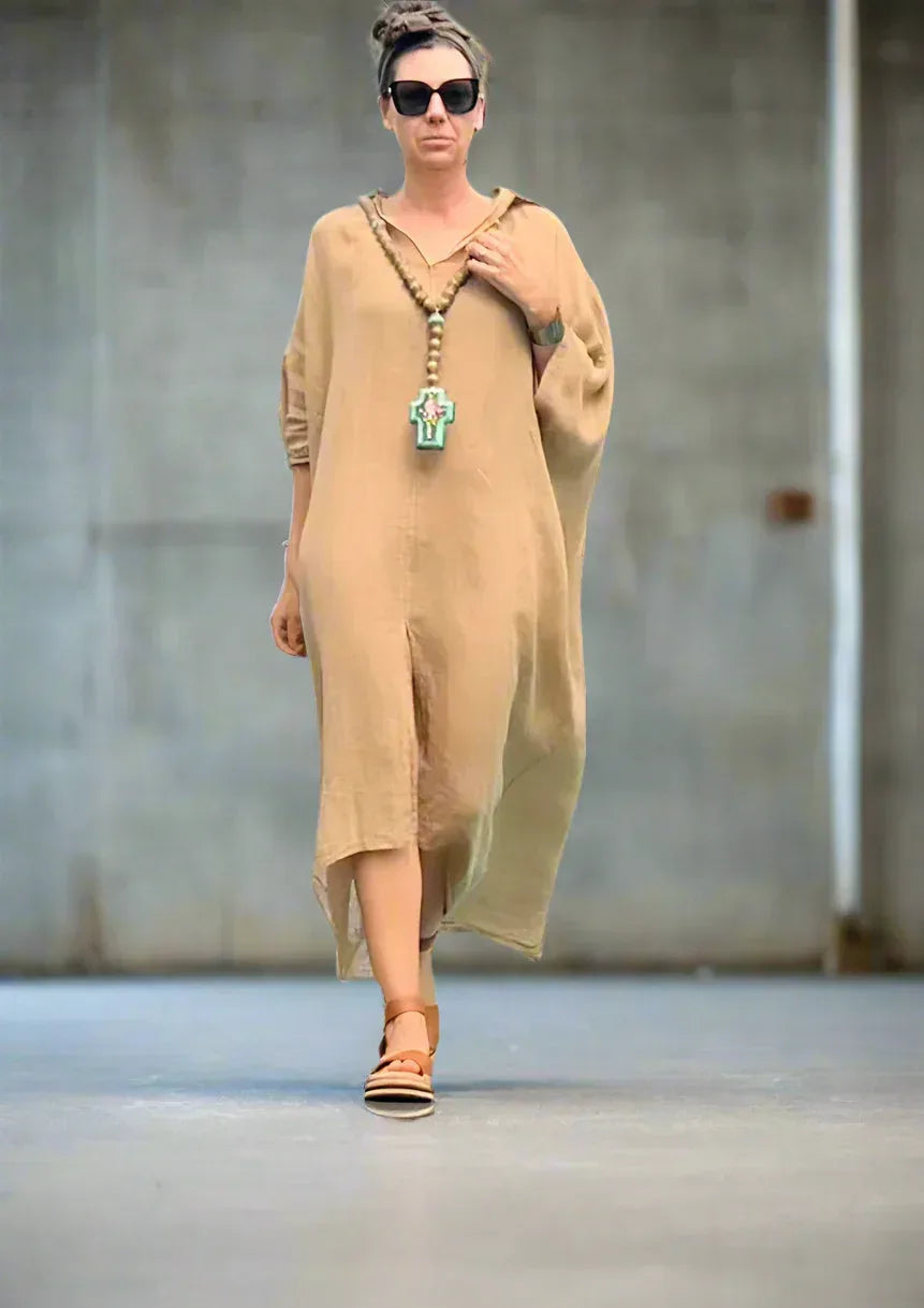 Linen Dress Oversize Maxi Kaftan Made in Italy Caramel LUXAMORE  