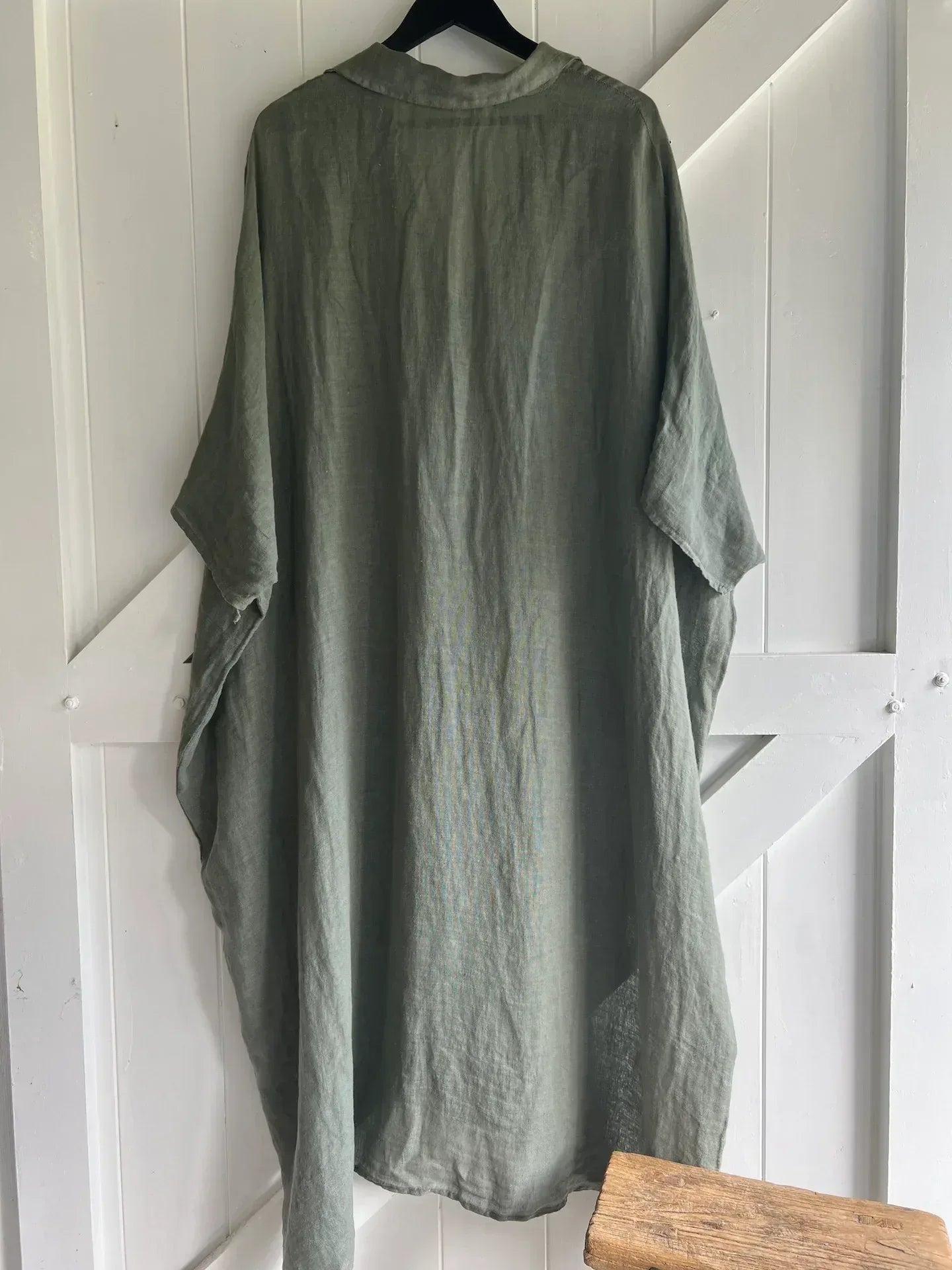 Linen Dress Oversize Maxi Kaftan Made in Italy Caramel worn by model in natural setting LUXAMORE 