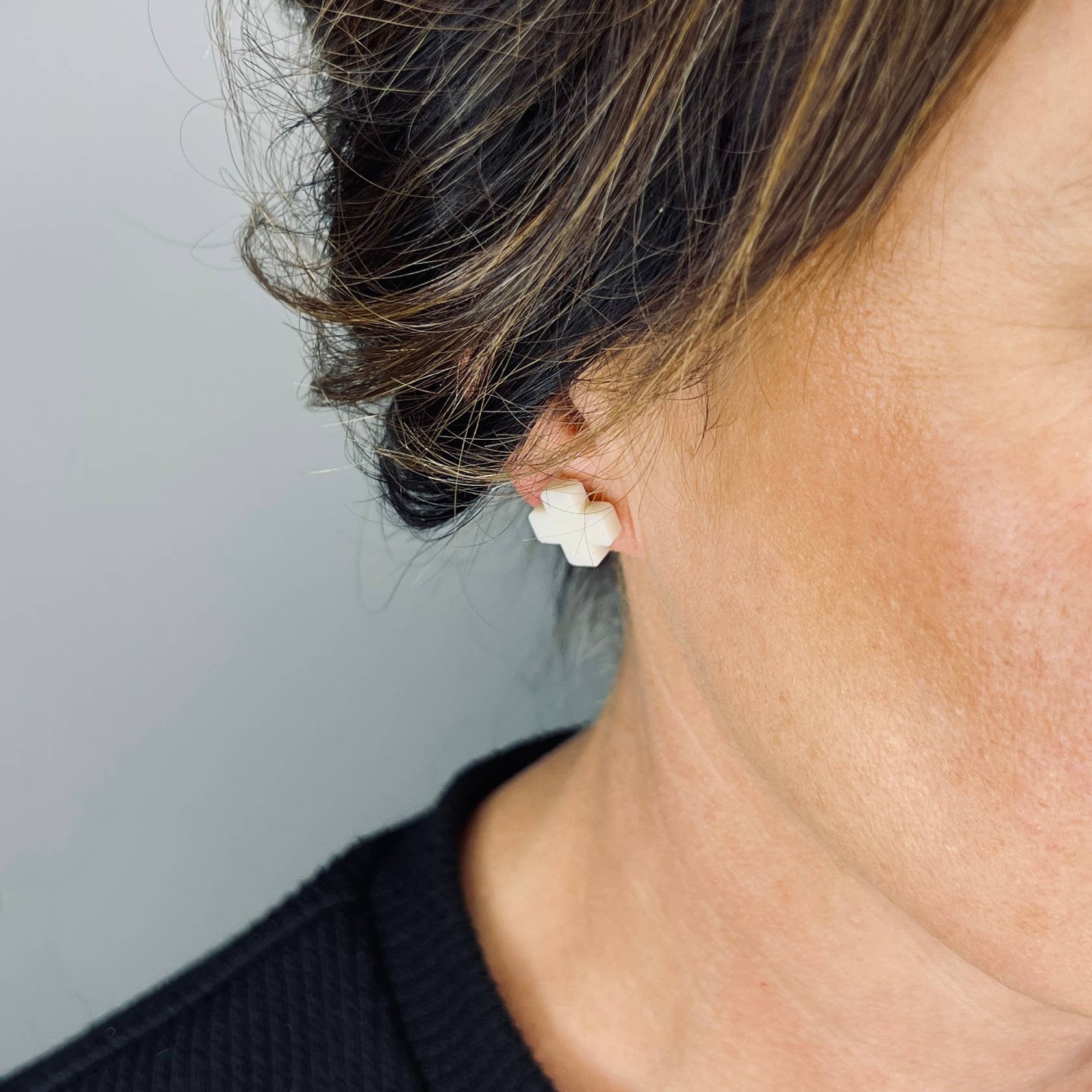 Mingled Beige Cross Stud Earrings - Small Cross Earrings, Minimalist