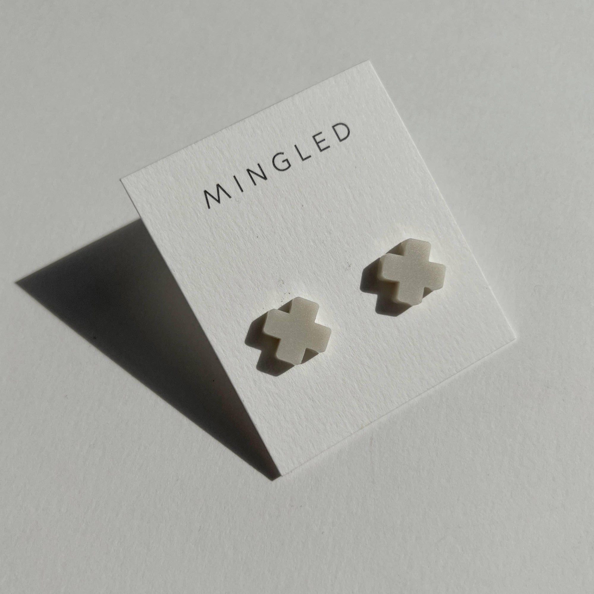 Mingled Beige Cross Stud Earrings - Small Cross Earrings, Minimalist - LUXAMORE