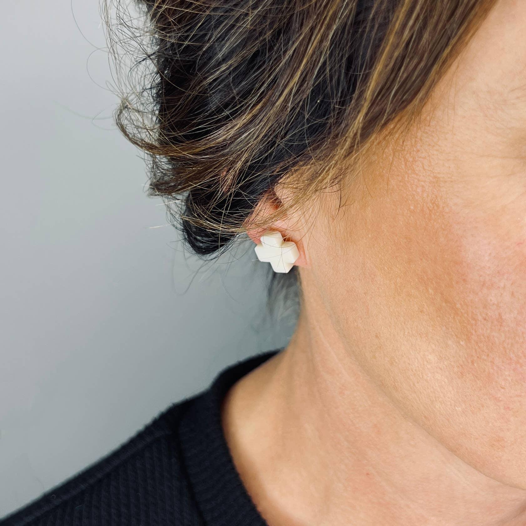 Mingled Beige Cross Stud Earrings - Small Cross Earrings, Minimalist - LUXAMORE