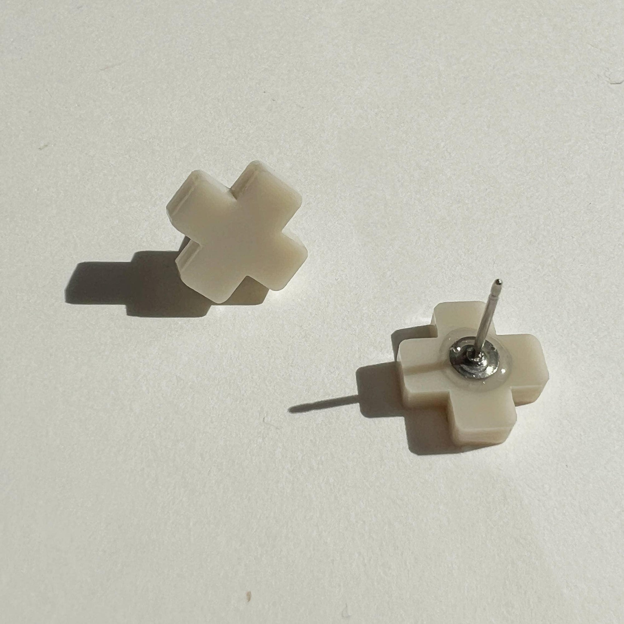 Mingled Beige Cross Stud Earrings - Small Cross Earrings, Minimalist - LUXAMORE