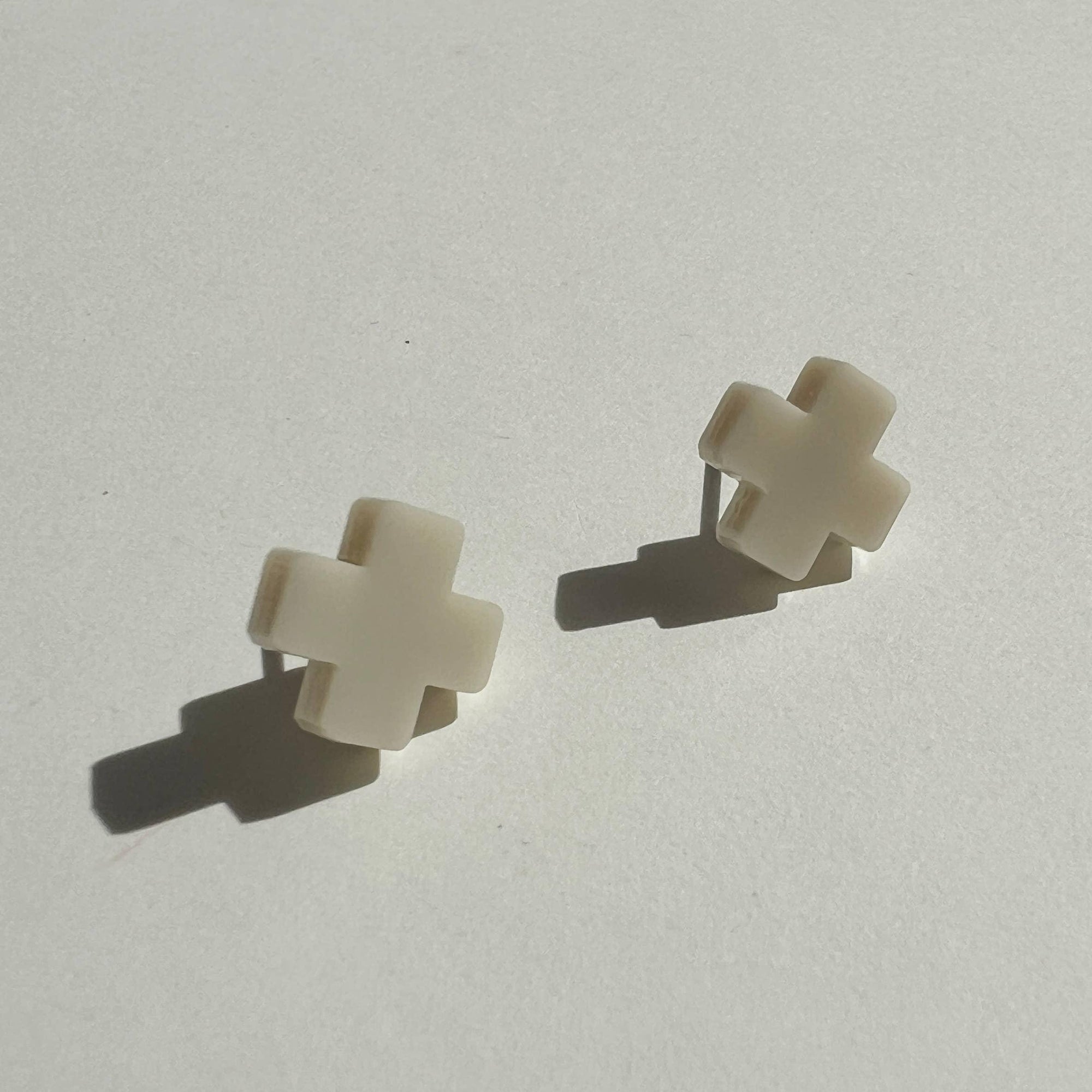 Mingled Beige Cross Stud Earrings - Small Cross Earrings, Minimalist - LUXAMORE
