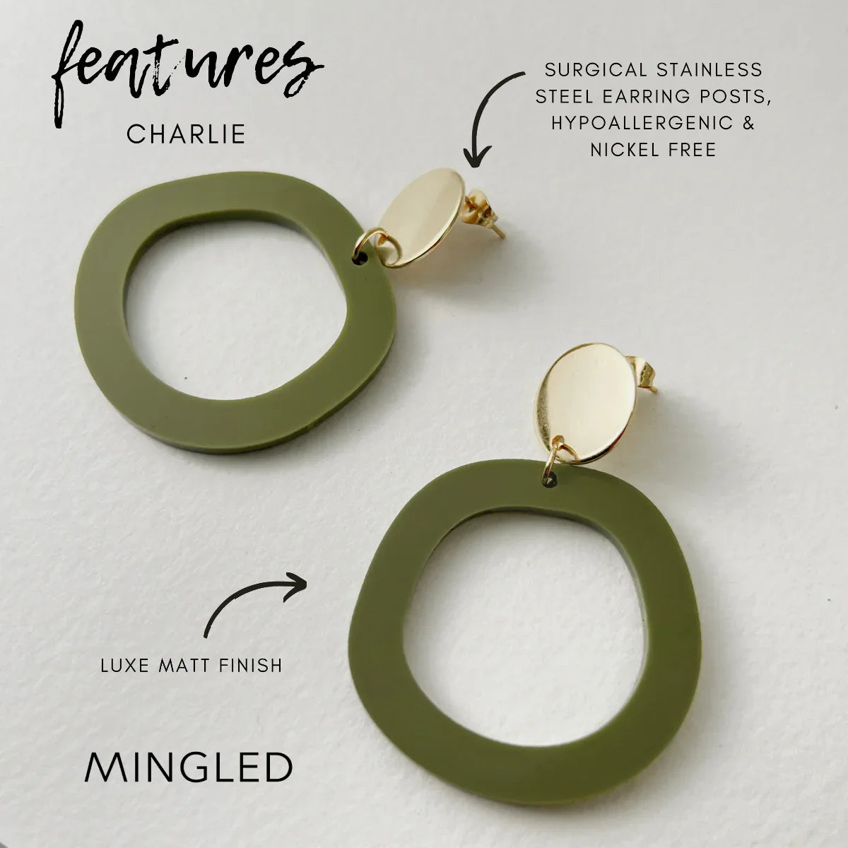 Mingled Charlie Olive Green and Gold Dangle Earrings worn by model in natural setting LUXAMORE 