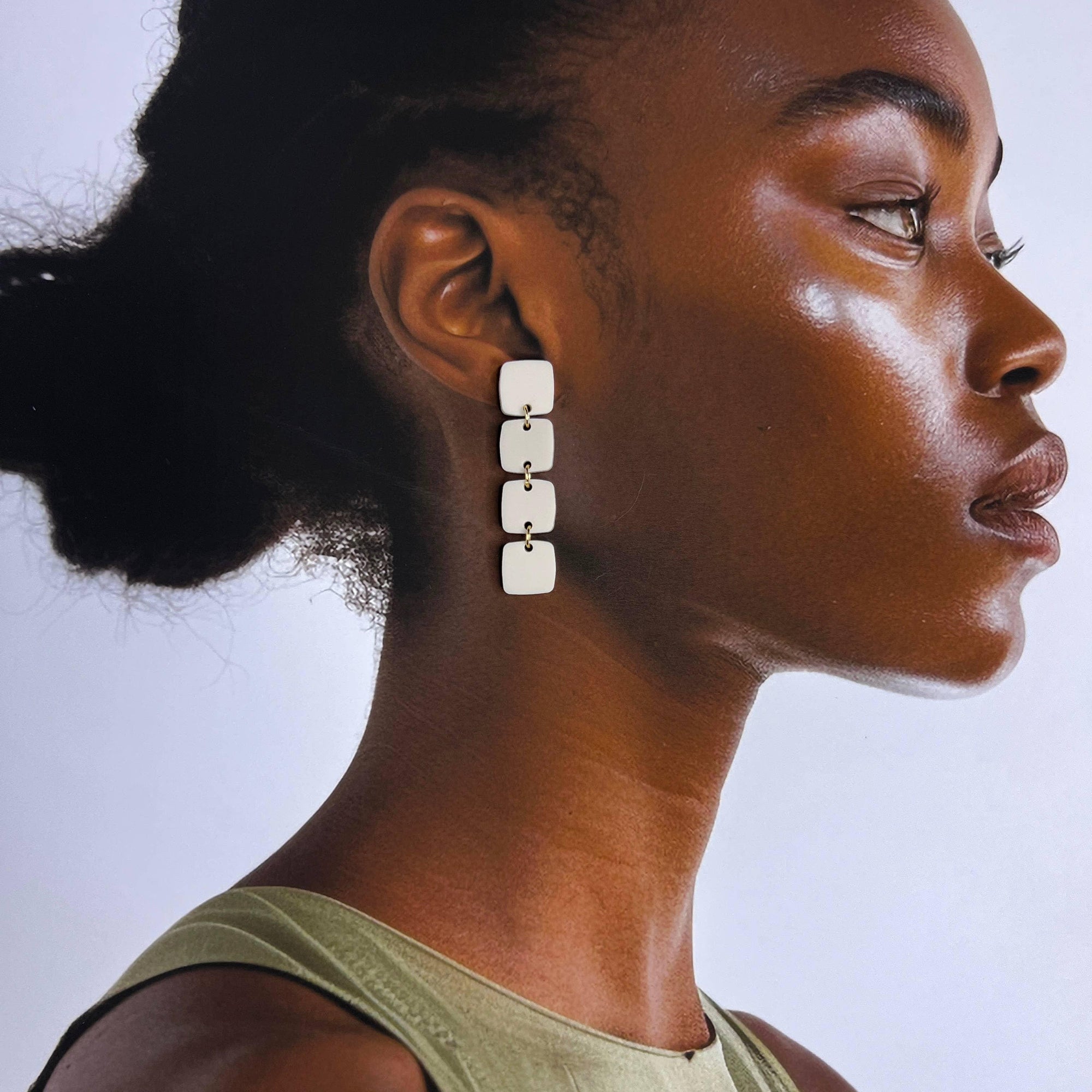 Mingled Dangle Earrings - Ivory Beige Four Squared Long Drop - LUXAMORE