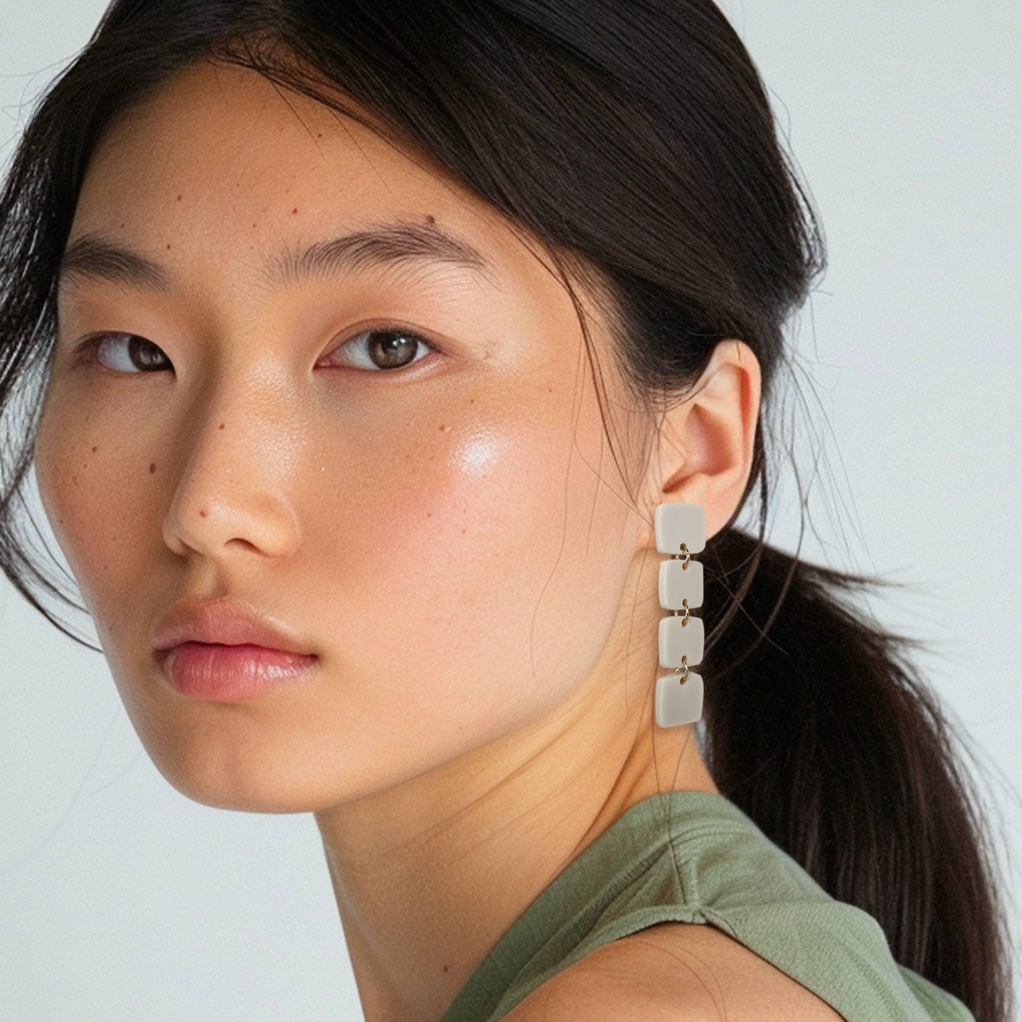 Mingled Dangle Earrings - Ivory Beige Four Squared Long Drop - LUXAMORE