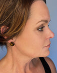 Mingled Tortoise Shell Round Stud Earrings - 15mm worn by model in natural setting LUXAMORE 